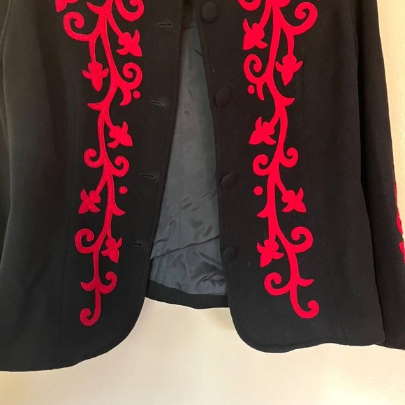 Jacket tailored Collarless Hip length Sz M Wool Blend Black with Red felt Floral - Picture 4 of 16
